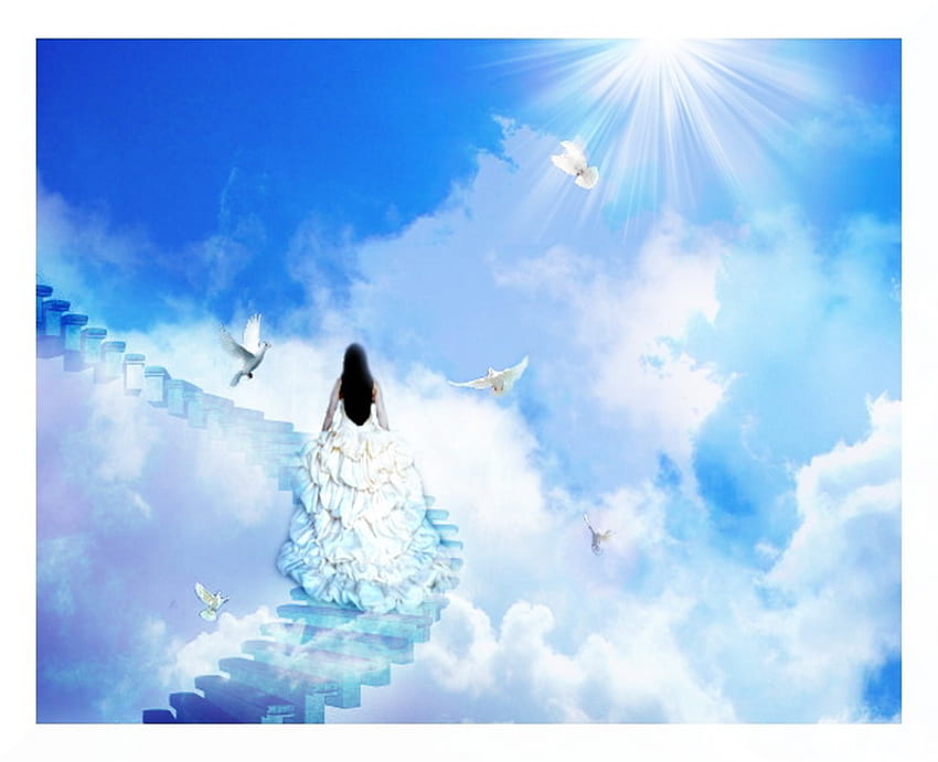 stairway to Heaven, white, stairway, dove, girl, blue sky, light, heaven, clouds, sun HD wallpaper