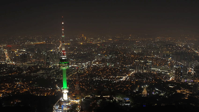 Въздушна Корея, Сеул, април 2017 г. Нощ на кулата в Сеул, Стокови видеозаписи - Storyblocks, кула Намсан HD тапет