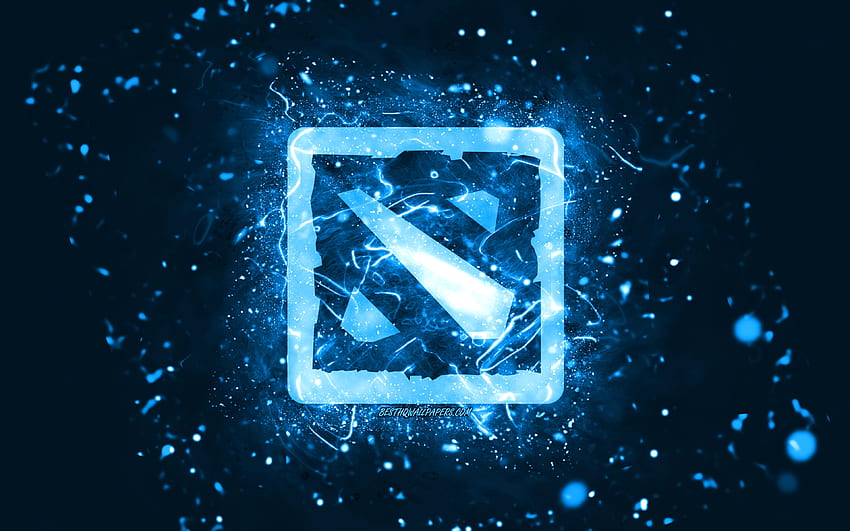 Logotipo azul de Dota 2, luces de neón azules, creativo, abstracto azul, logotipo de Dota 2, juegos en línea, Dota 2 fondo de pantalla