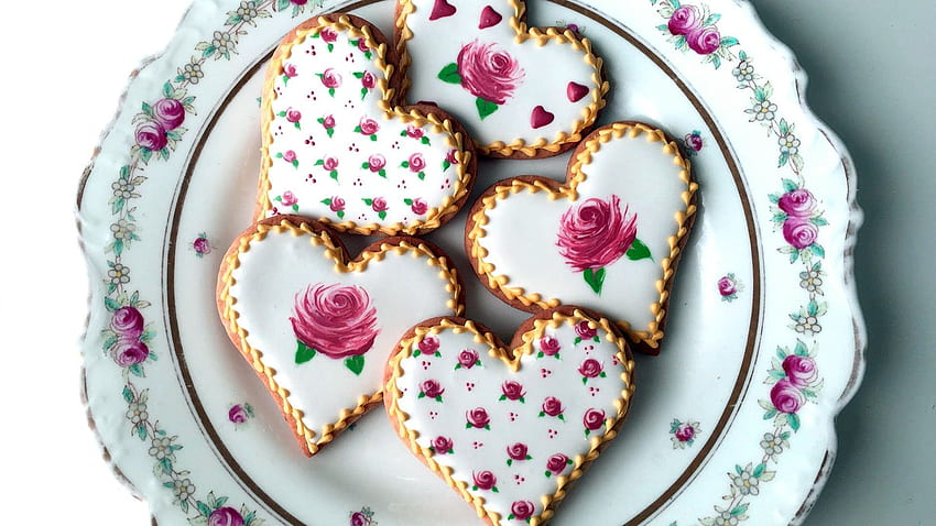 Fancy Valentine Cookies, Roses, White, Cookies, Fancy, Beautiful, Hearts, Pink HD wallpaper