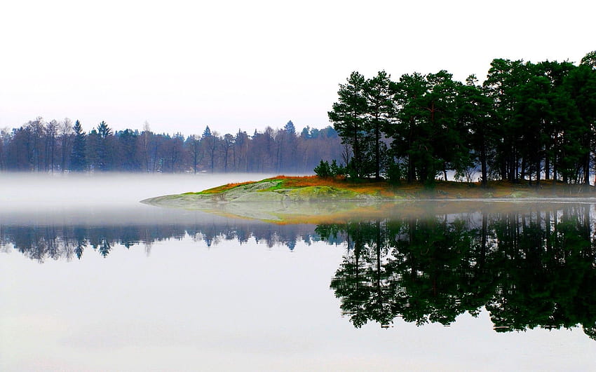 Пейзаж, природа, дървета, езеро, мъгла, сутрин, остров, островче HD тапет