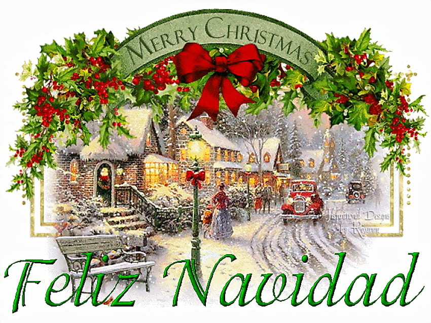 Merry Christmas - Feliz Navidid, winter, wishes, bows, boughs, holiday wishes, snow, lights, christmas, street HD wallpaper