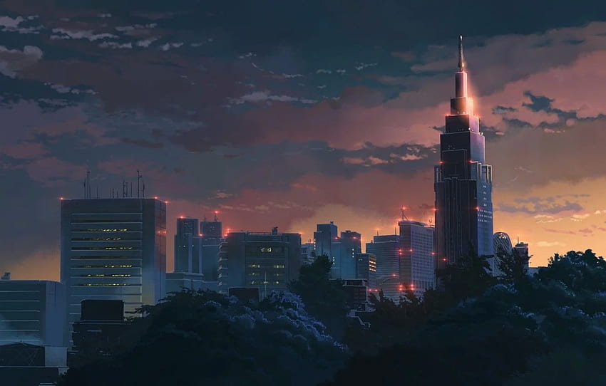 Sunset, The sky, Clouds, Trees, Building, Anime, Anime Skyline HD wallpaper
