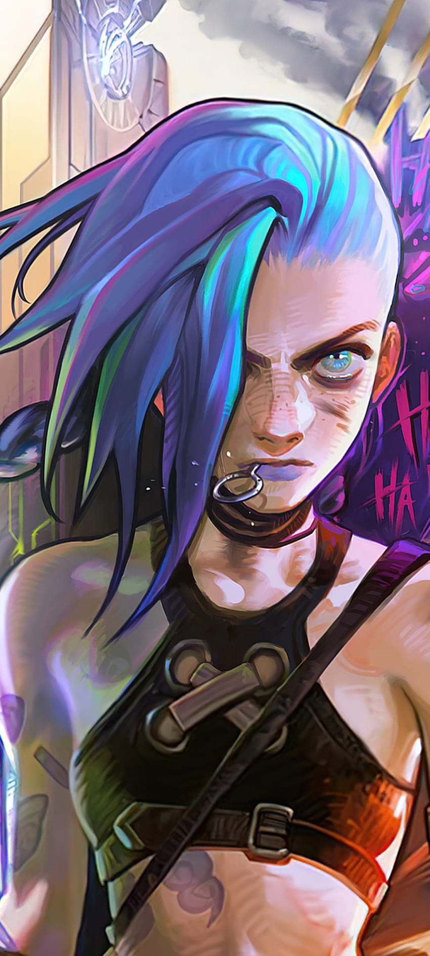 Arcano, arte, azul, league of legends, punk, jinx, lol, girl, anime fondo de pantalla del teléfono