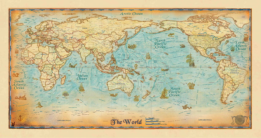 Antike Weltwandkarte Pazifik zentriert. Karten. Weltkarte HD-Hintergrundbild
