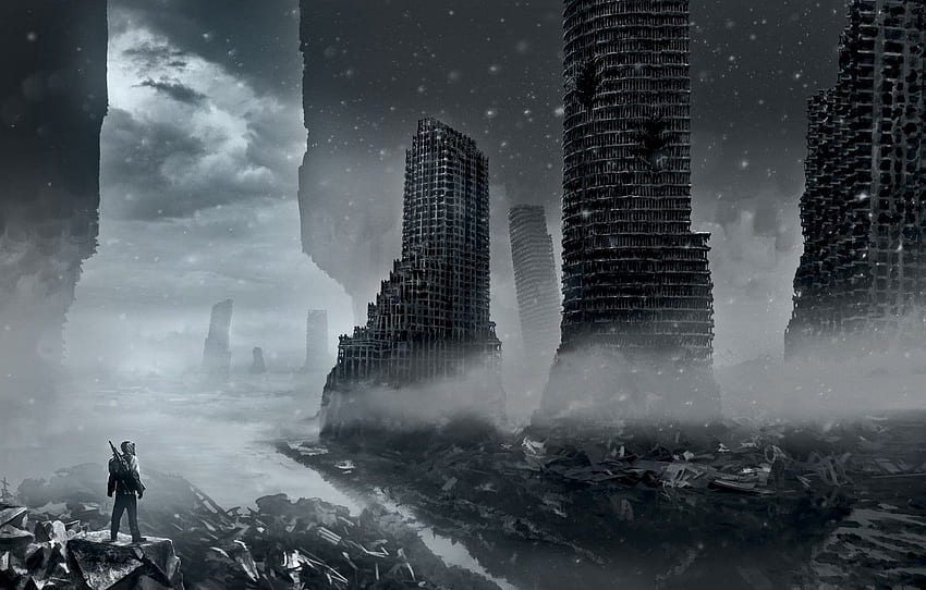 winter, snow, clouds, the city, weapons, destruction, art, devastation, ruins, romance of the Apocalypse, romantically apocalyptic, alexiuss for , section фантастика HD wallpaper