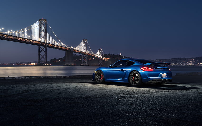 Blaues Auto Porsche Cayman GT4 nachts HD-Hintergrundbild