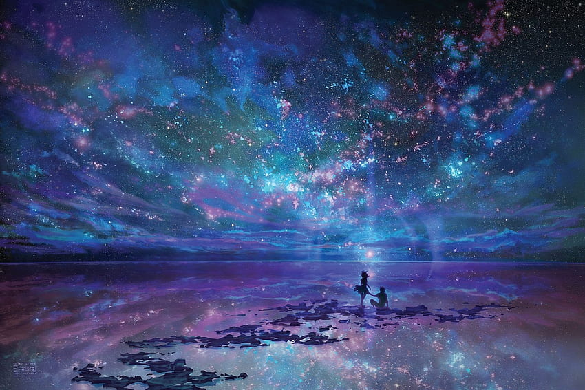 Anime Langit Anime Biru Ungu Refleksi Pasangan Lautan Wallpaper HD