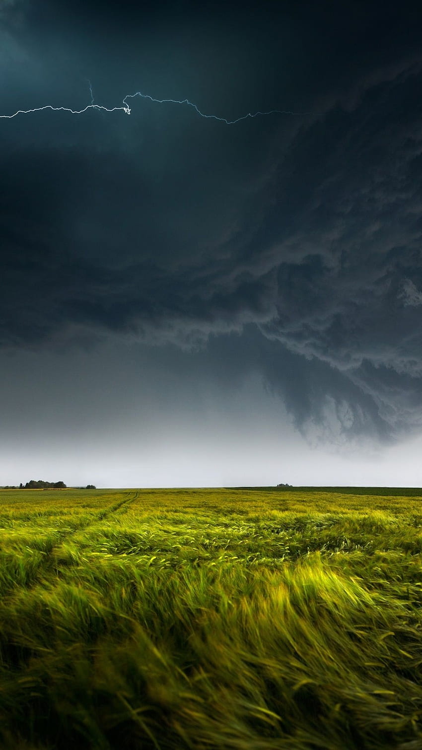 Natura, zielone pole, burza, ciemne chmury, błyskawica IPhone 8 7 6 6S Plus , tło, , , chmury deszczowe iPhone Tapeta na telefon HD