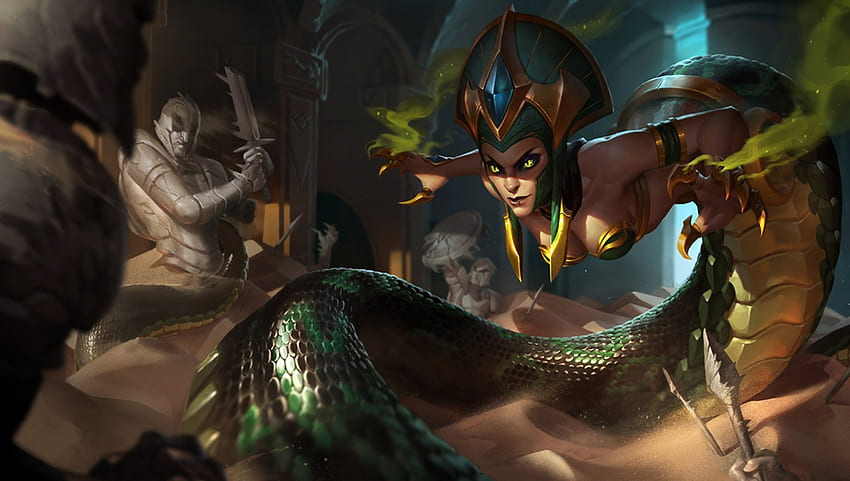 Cassiopeia, art, girl, tail, woman, fantasy, green, league of legends, game HD wallpaper