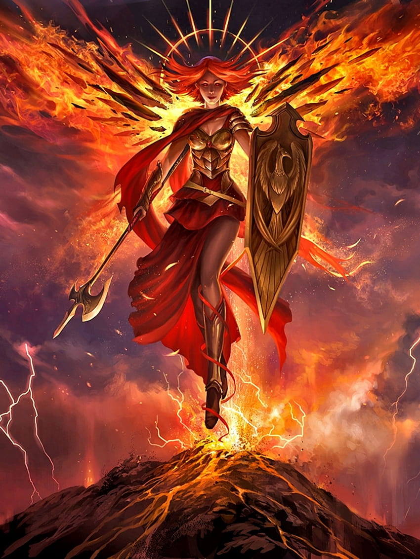 Fantasy Women, Angel, Fire, Wings, Shield, Lightnings, Lava, Weapon for Apple iPad Mini, Apple IPad 3, 4 HD phone wallpaper