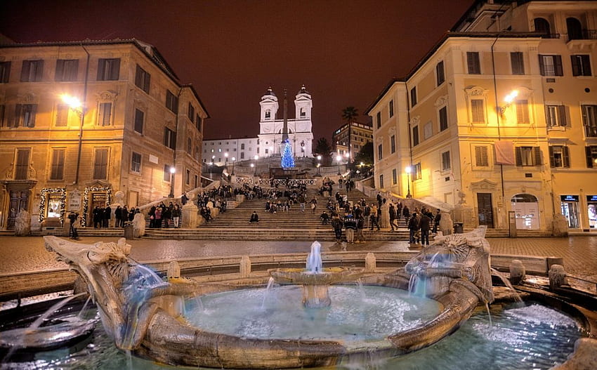 Rome Italy Trinita dei Monti Spanish Steps Rome Italy night buildings houses church stairs monument obelisk tree architecture fountain lights people cities . HD wallpaper