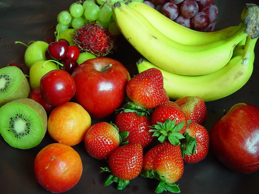 Mixed Bunch, sweet, apples, strawberries, kiwi, juicy, bunch, bananas HD wallpaper