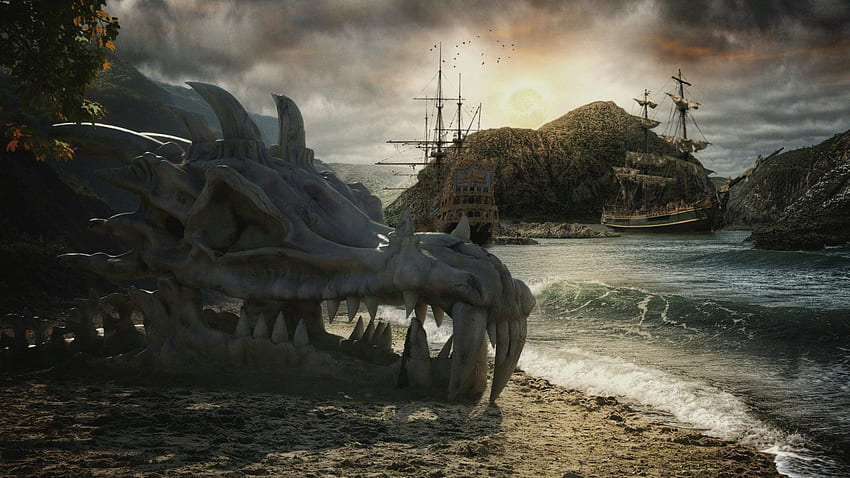 пирати, ветроходен кораб, фантастично изкуство, череп, дракон, цифрово изкуство, море / и мобилен фон HD тапет