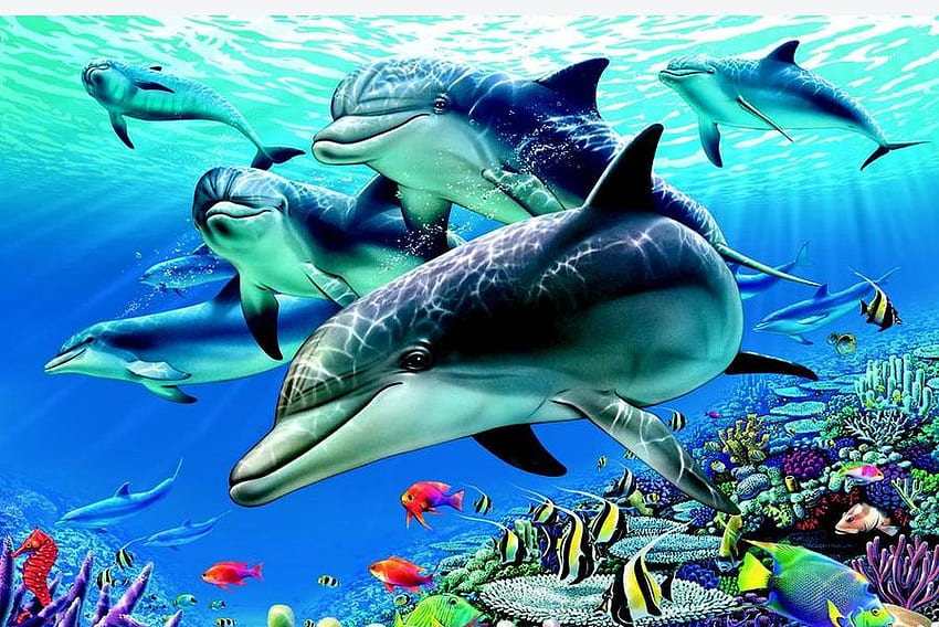 PARADISE UNDER THE SEA, sea, dolphins, paradise, under HD wallpaper
