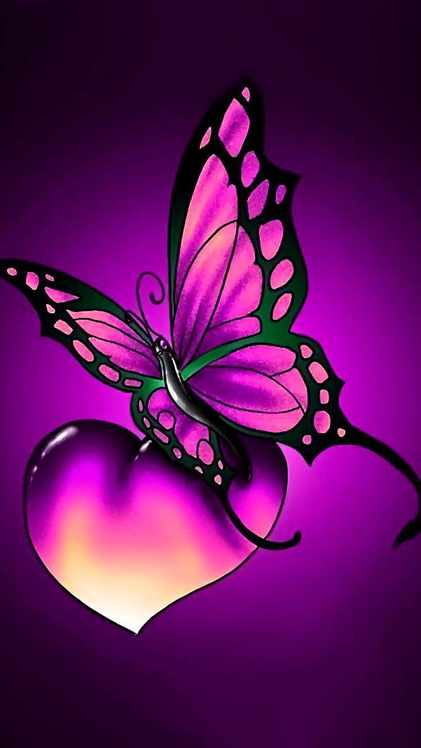 Лилаво сърце и пеперуда пеперуда, пеперуда, неонова розова пеперуда HD тапет за телефон