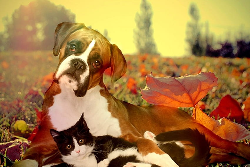 lindo gato e cachorro, cachorro, folhas, outono, outono, gato papel de parede HD