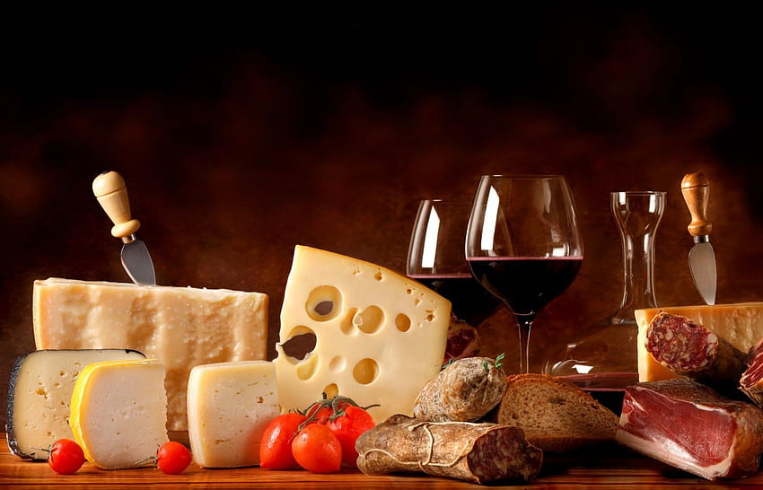 храна, хляб, месо, сирене, вино, хранене, натюрморт, графика натюрморт, вино и сирене HD тапет
