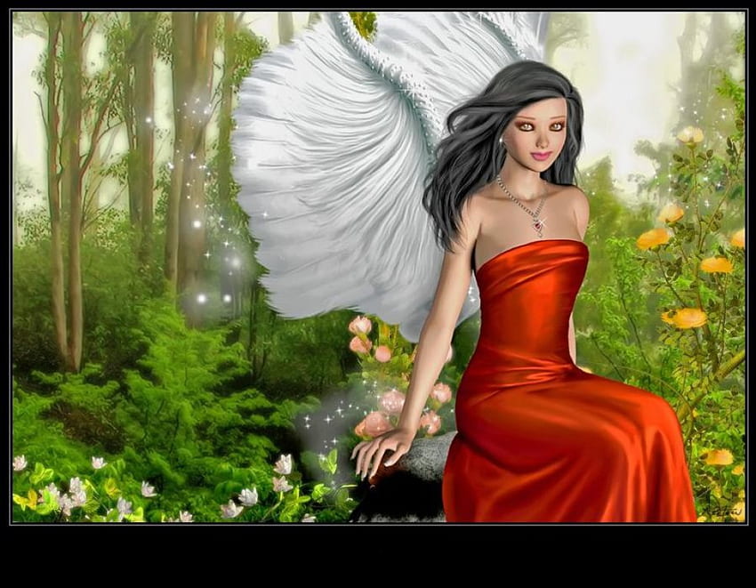 Angel, abstract, fantasy, red, trees, flowers HD wallpaper