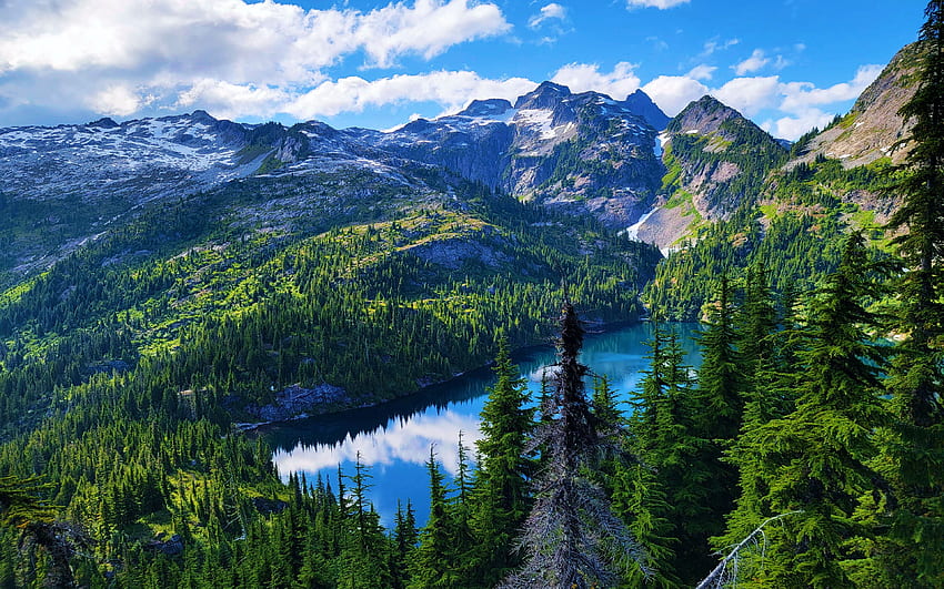 Thornton Lake, North Cascades NP, Washington, แนวนอน, ต้นไม้, เมฆ, ท้องฟ้า, ภูเขา, สหรัฐอเมริกา วอลล์เปเปอร์ HD