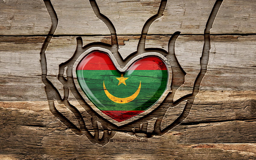 Обичам Мавритания, , дървени резбовани ръце, Ден на Мавритания, мавритански флаг, флаг на Мавритания, грижи се за Мавритания, творчески, флаг на Мавритания, флаг на Мавритания в ръка, дърворезба, африкански страни, Мавритания HD тапет
