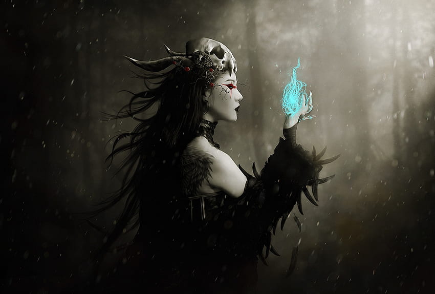 art, dark, drops, evil, fantasy, females, flakes, forest, gothic, magic, mood, occult, scary, skull, snow, spell, spooky, trees, winter, witch, women, woods. Mocah, Evil Woman HD wallpaper