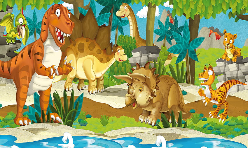 Детски стенопис с карикатура на динозавър, детски динозавър HD тапет