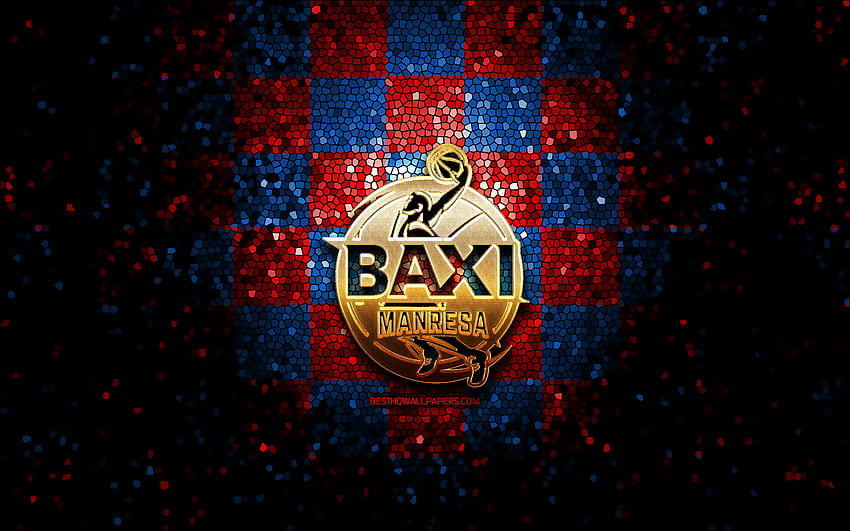 BAXI Manresa Roster, glitter logo, ACB, blue red checkered background, spanish basketball team, BAXI Manresa Roster logo, mosaic art, basketball, Basquet Manresa HD wallpaper