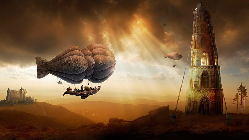 castle the airship tower dirigible, , Flying Ship HD wallpaper