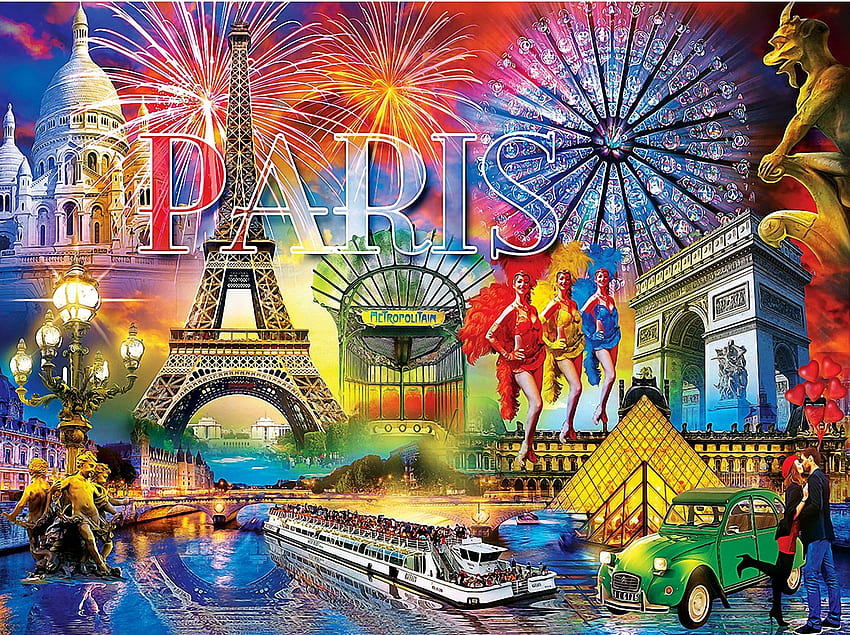 Greetings from Paris, fireworks, digital, eiffel tower, art, arc de triomphe HD wallpaper