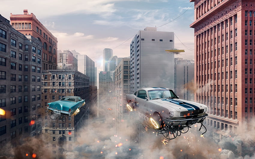 Retro futurystyczne samochody latające w mieście, samochody, tło, retro przyszłość Tapeta HD