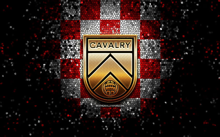 Cavalry FC, logotipo brillante, Premier League canadiense, a cuadros rojo y blanco, fútbol, ​​club de fútbol canadiense, logotipo de Cavalry FC, mosaico, fútbol, ​​FC Cavalry fondo de pantalla