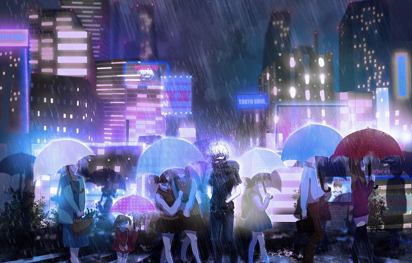 the city, people, rain, umbrella, anime, mask, art, signs, guy, Tokyo ghoul, tokyo ghoul, Ken kanek for , section сэйнэн -, Rainy City Anime HD wallpaper