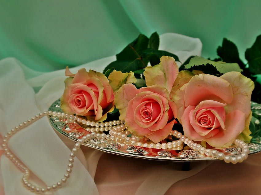 Blumen, Rosen, Perlen, Perle, Drei, Tablett HD-Hintergrundbild