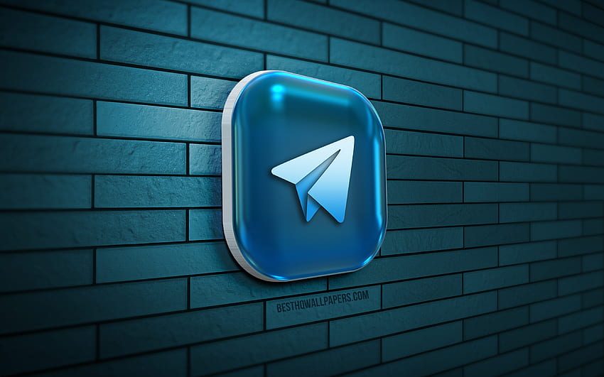 Logotipo 3D de Telegram, pared de ladrillo azul, creativo, red social, logotipo de Telegram, arte 3D, Telegram fondo de pantalla
