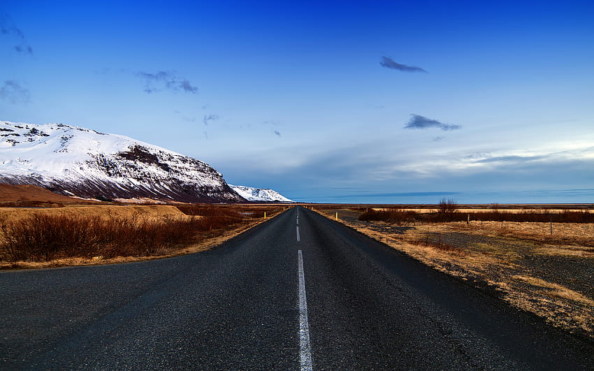Road, landscape, blue sky, sunny day, Iceland HD wallpaper