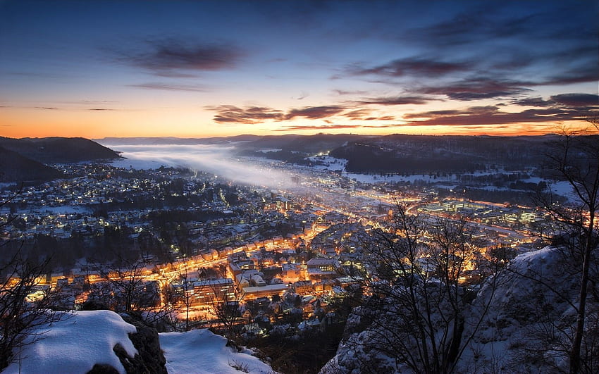 nature landscape mist cityscape sunset winter hill, Winter Europe HD wallpaper