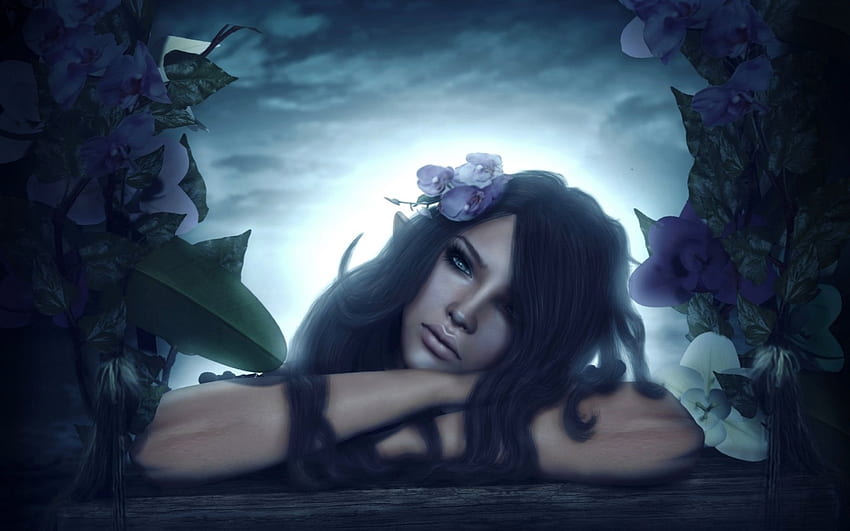 Fantasy girl, blue, rendering, girl, elf, beauty, woman, purple, fantasy, flower, green, orchid HD wallpaper