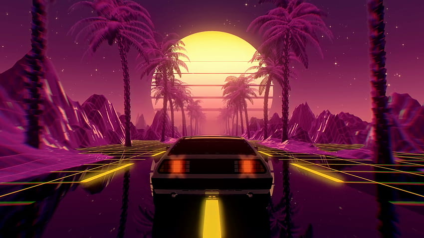 80s retrò futuristico Sci Fi Seamless Loop con auto d'epoca. Cavalcando nel panorama dei videogiochi Retrowave VJ, luci al neon e griglia Low Poly. di animazione 3D stilizzato Cyberpunk Vaporwave. Storyblock di in movimento Sfondo HD
