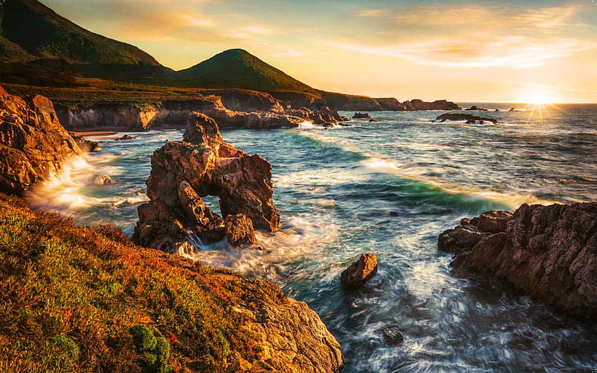 Big Sur Sunset, california, rocks, usa, coast, sea HD wallpaper