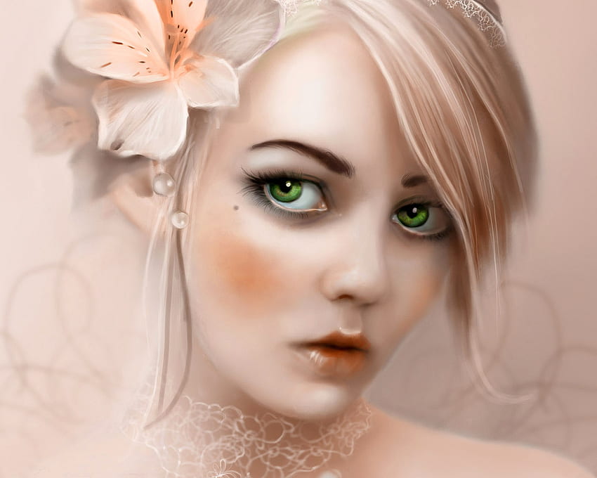 純粋な女の子、ブロンド、かわいい、花、美しい、緑の目 高画質の壁紙