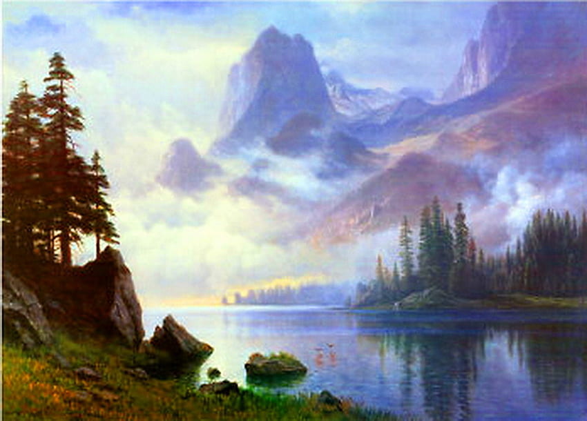 Névoas do despertar, manhã, rochas, névoas, reflexões, falésias, nuvens, árvores, montanhas, água papel de parede HD
