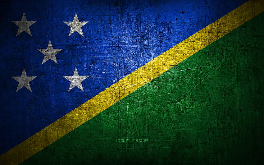 Solomon Islands metal flag, grunge art, oceanian countries, Day of Solomon Islands, national symbols, Solomon Islands flag, metal flags, Flag of Solomon Islands, Oceania, Solomon Islands HD wallpaper