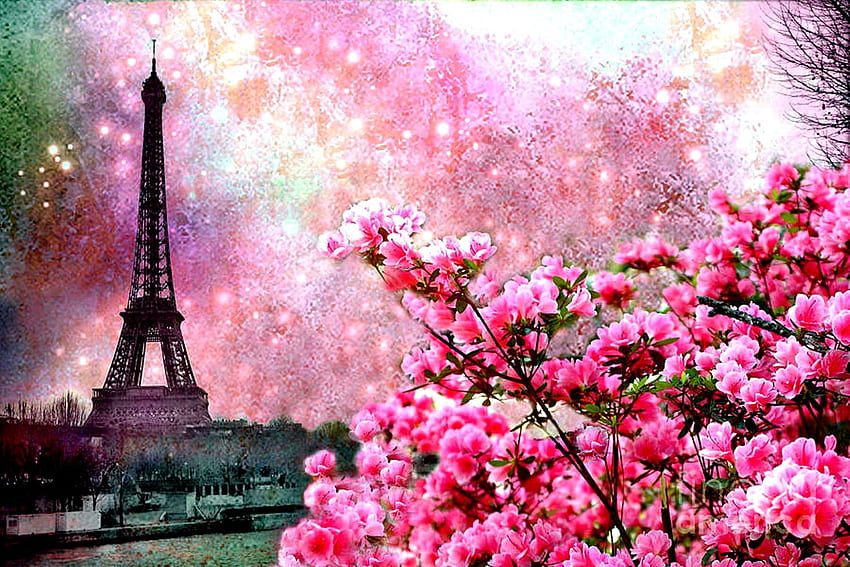 Kwiaty: Natura Wiśniowe Kwiaty Różowe Różowe Kwiaty Wieża Romantyczna, Paryska Natura Tapeta HD