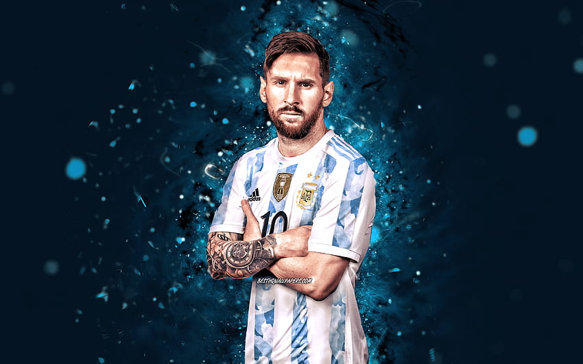 Lionel Messi, 2022, Argentina time nacional de futebol, Leo Messi, luzes de neon azuis, estrelas do futebol, futebol, Messi, Seleção Argentina, Lionel Messi papel de parede HD