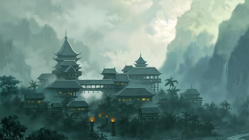 Oriental - ORIENTAL. Templo oriental, chino en las montañas fondo de pantalla