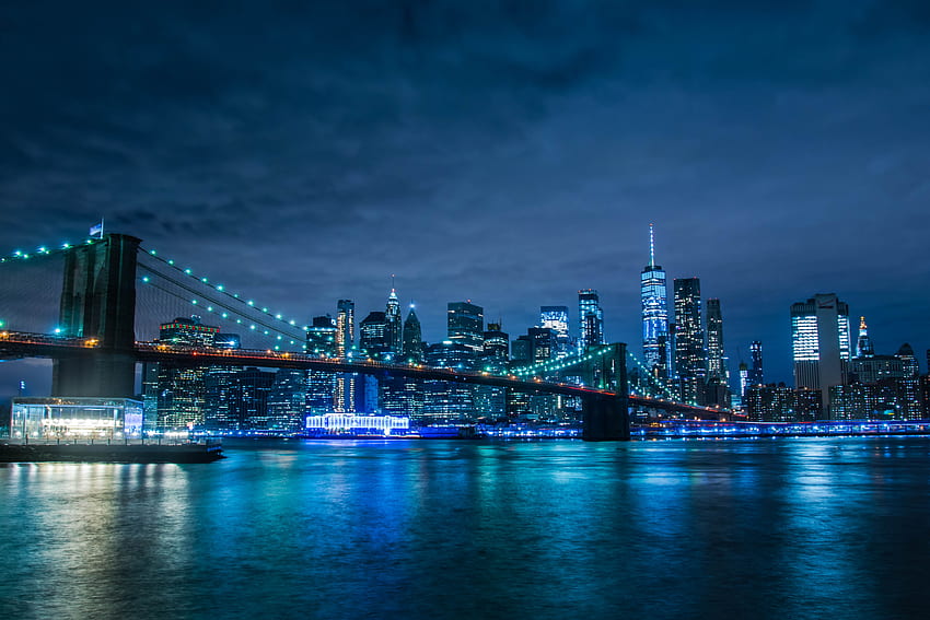 puente de brooklyn, horizonte de manhattan, frente al mar, nueva york, mundo, azul, contorno fondo de pantalla