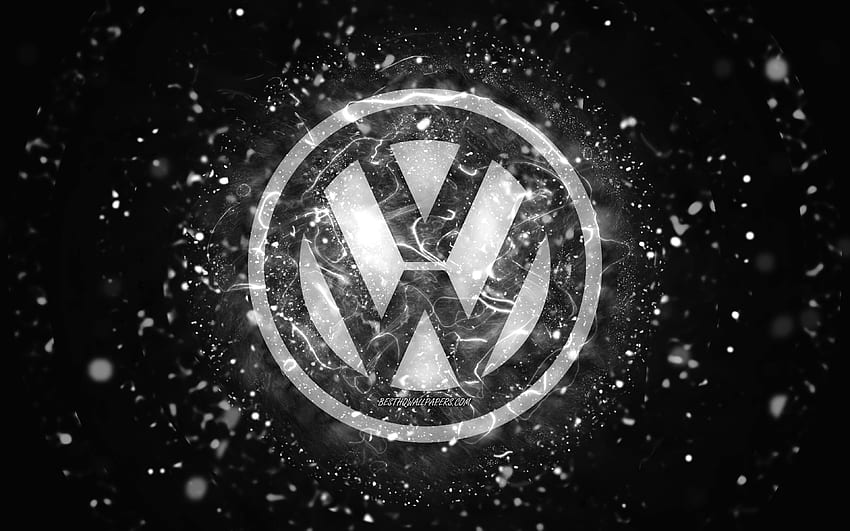 Volkswagen beyaz logosu, beyaz neon ışıklar, yaratıcı, siyah soyut arka plan, Volkswagen logosu, otomobil markaları, Volkswagen HD duvar kağıdı