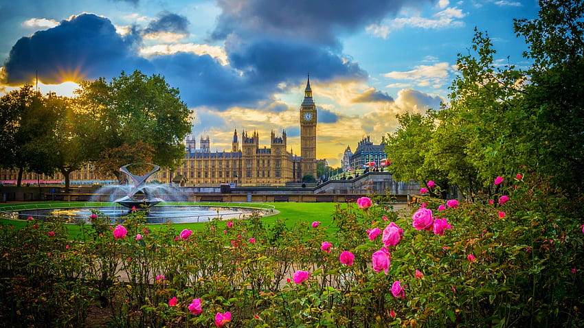 Westminster, London, river, big ben, trees, uk, flowers, park, thames, england HD wallpaper