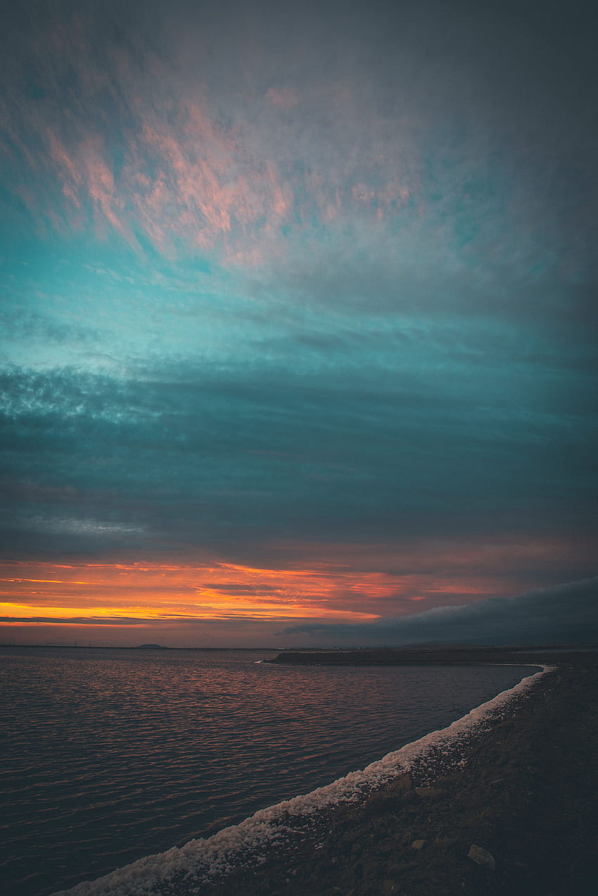 Naturaleza, puesta de sol, cielo, mar, horizonte, orilla, banco fondo de pantalla del teléfono